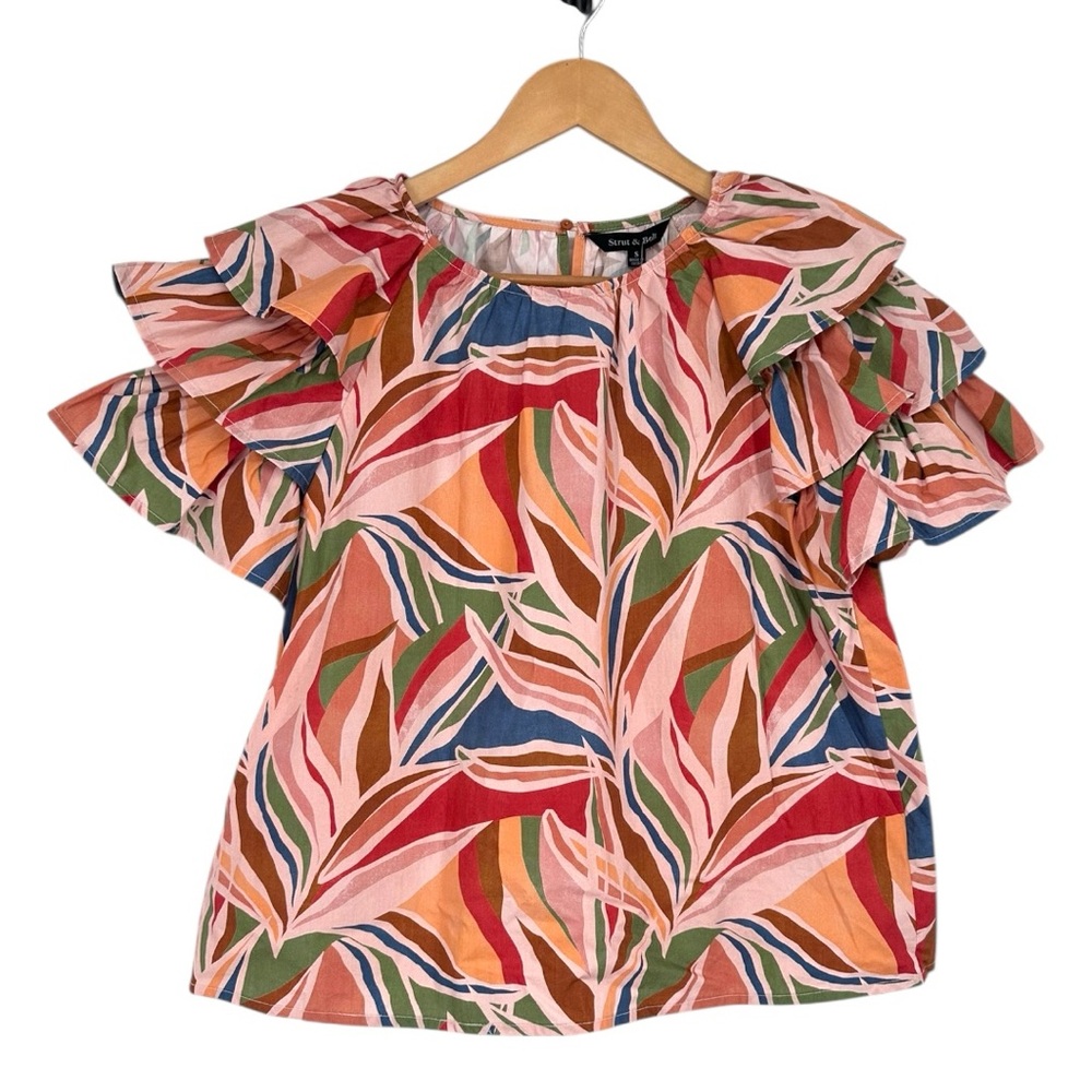 Strut & Bolt Layered Ruffle Sleeve Top size Small 100% Cotton Abstract Floral